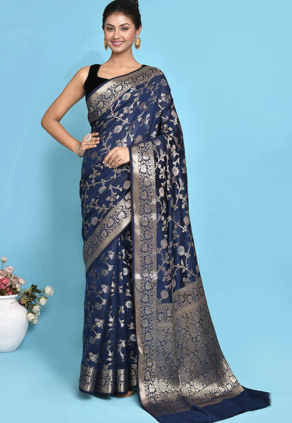 Banarasi Pure Silk Saree in Navy Blue