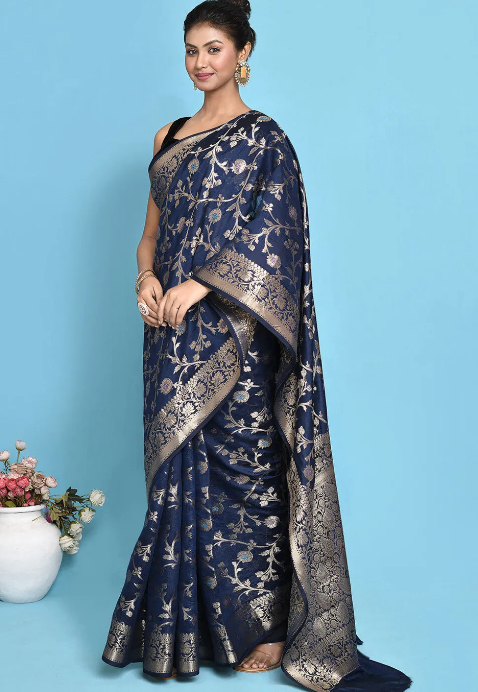 Banarasi Pure Silk Saree in Navy Blue