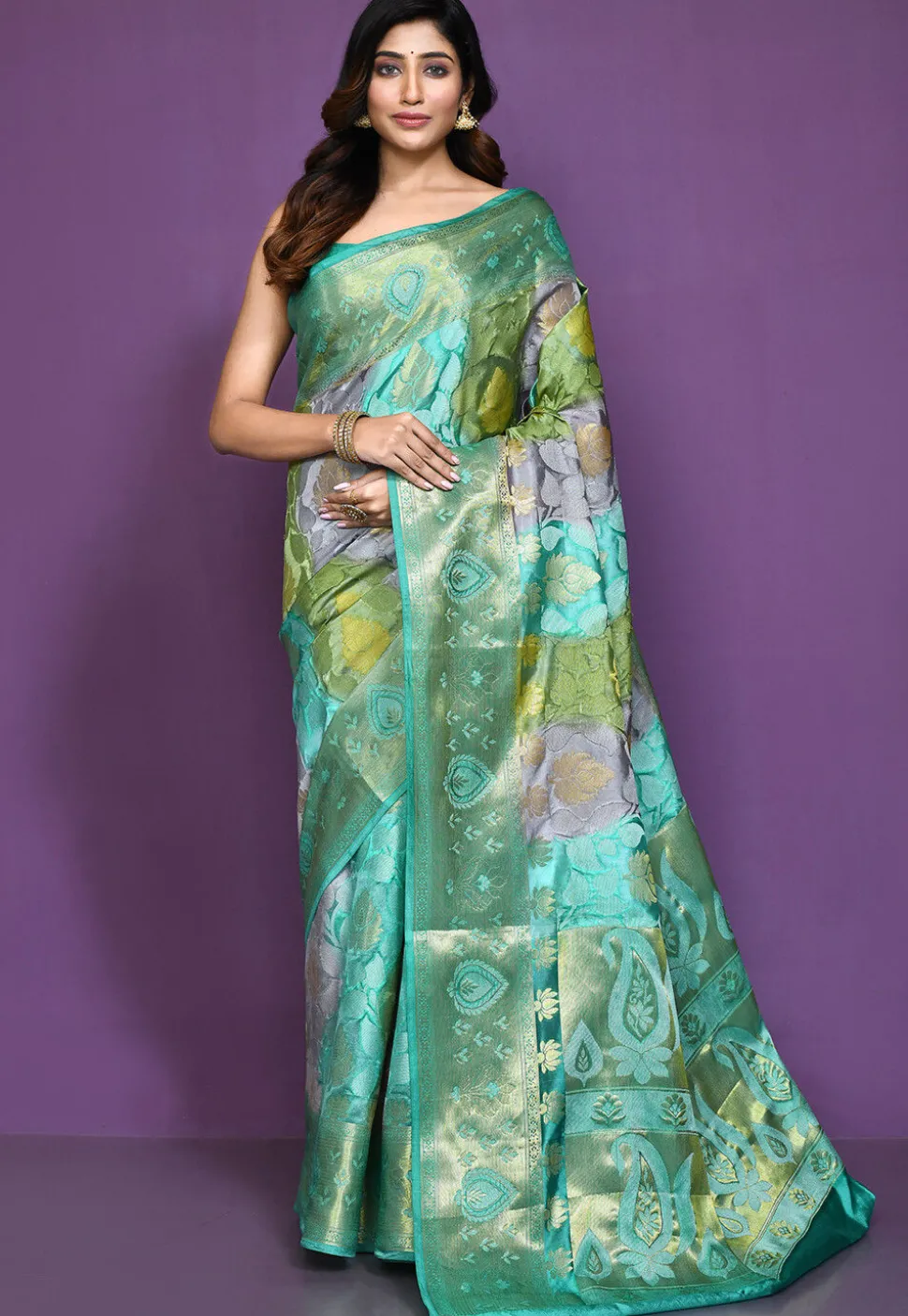 Banarasi Pure Silk Saree in Green and Grey
