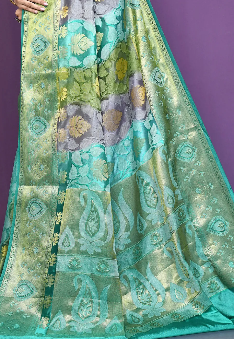 Banarasi Pure Silk Saree in Green and Grey