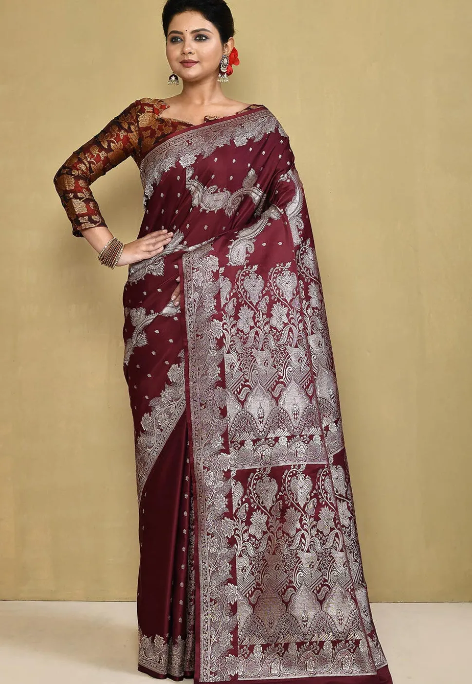 Banarasi Pure Silk Saree in Dark Maroon