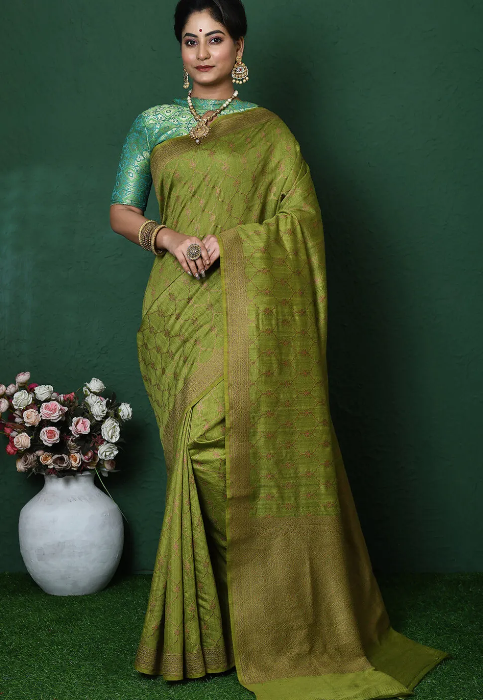 Banarasi Pure Silk Saree in Olive Green