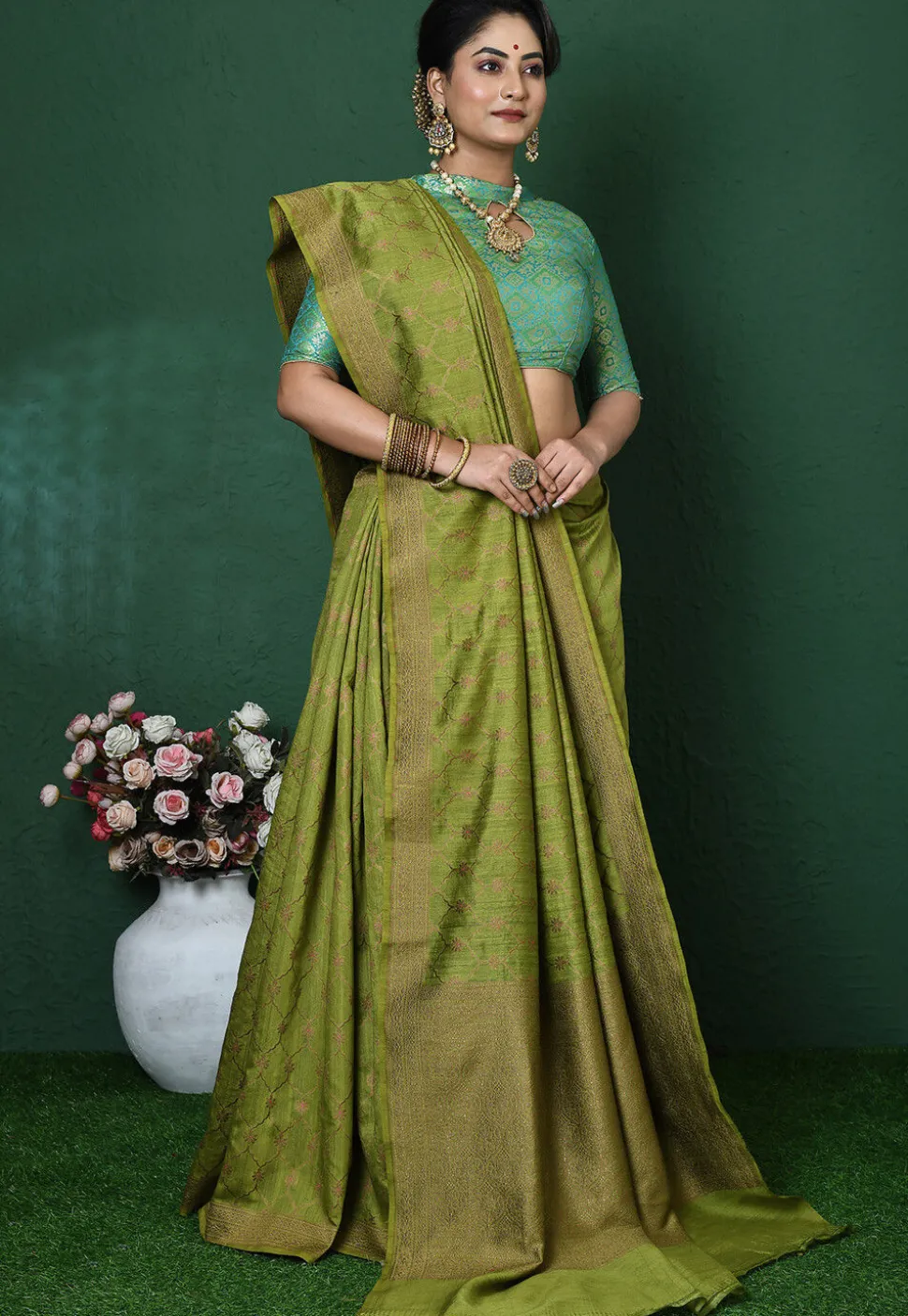 Banarasi Pure Silk Saree in Olive Green