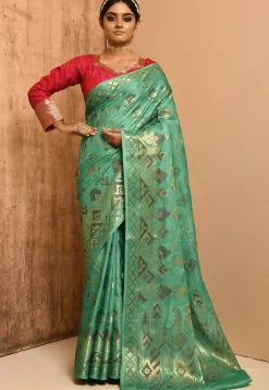 Banarasi Pure Tussar Silk Saree in Teal Green
