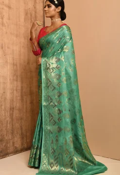 Banarasi Pure Tussar Silk Saree in Teal Green