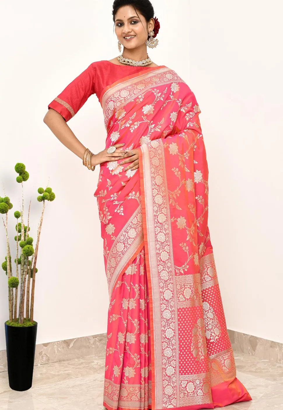 Banarasi Saree in Coral Pink