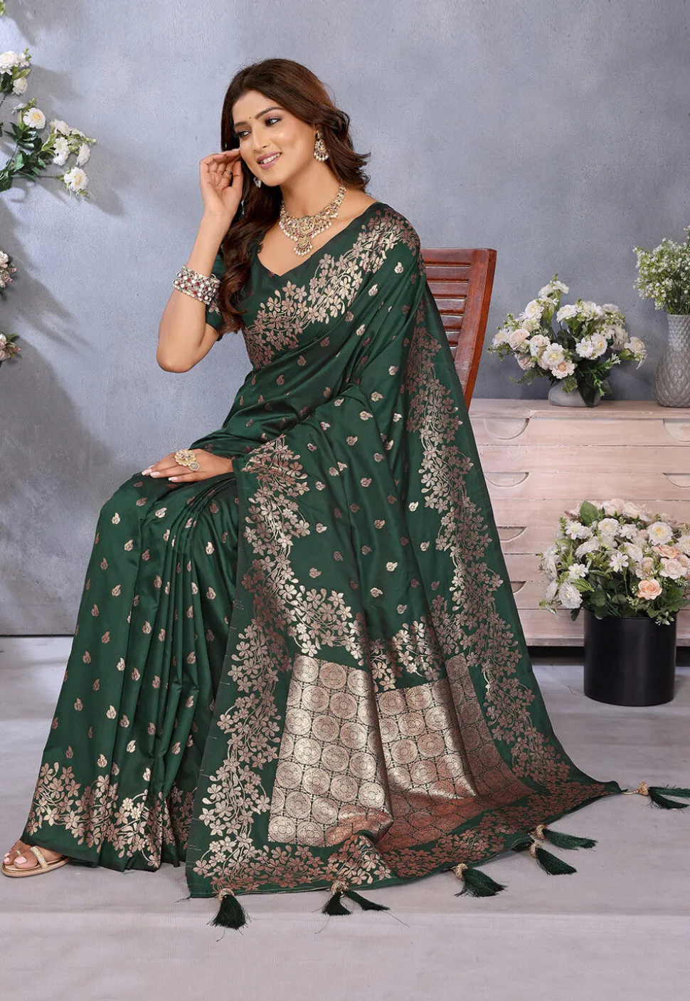 Banarasi Saree in Dark Green
