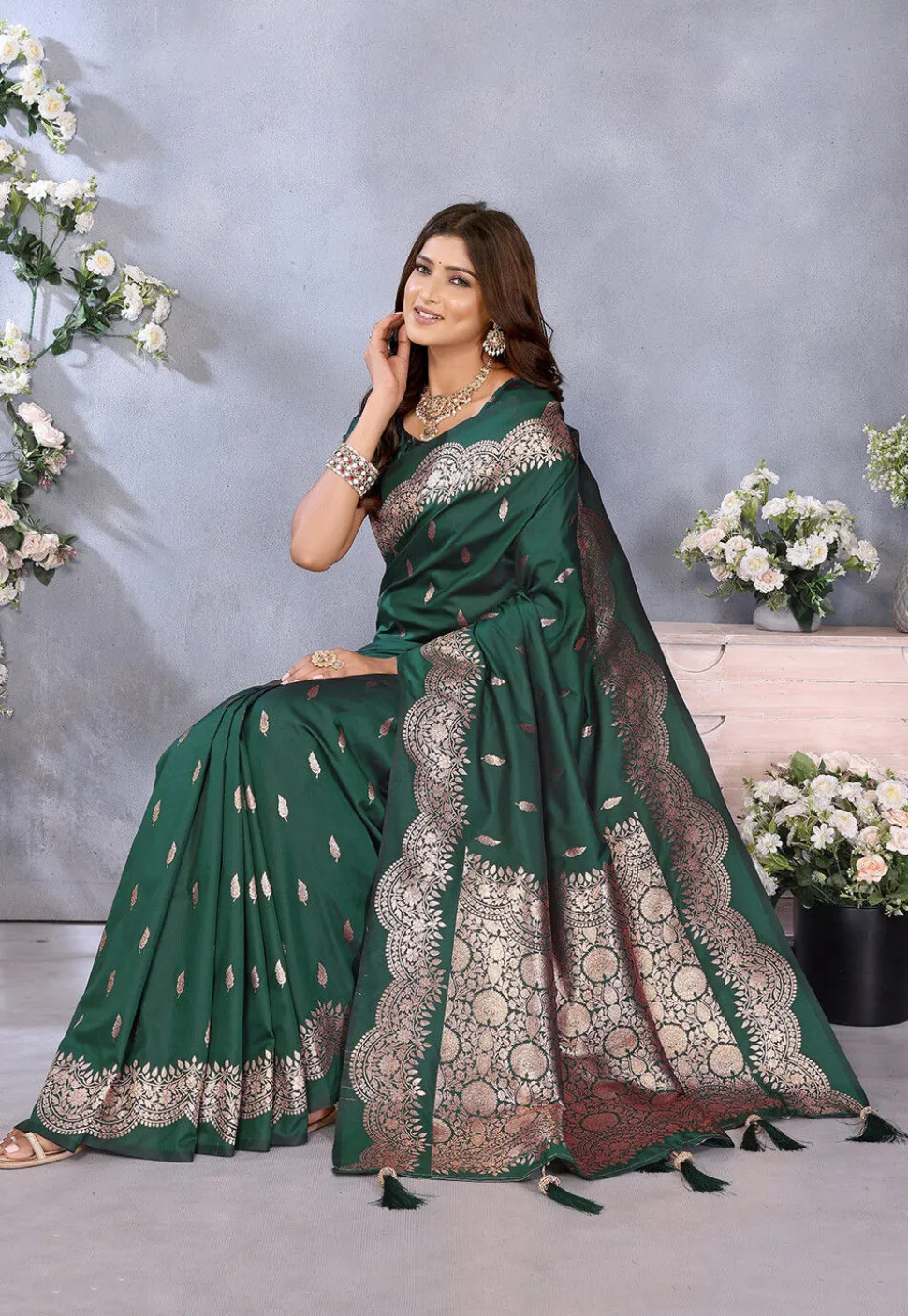 Banarasi Saree in Dark Green