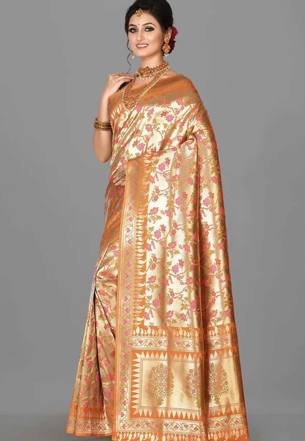 Banarasi Saree in Golden and Orange