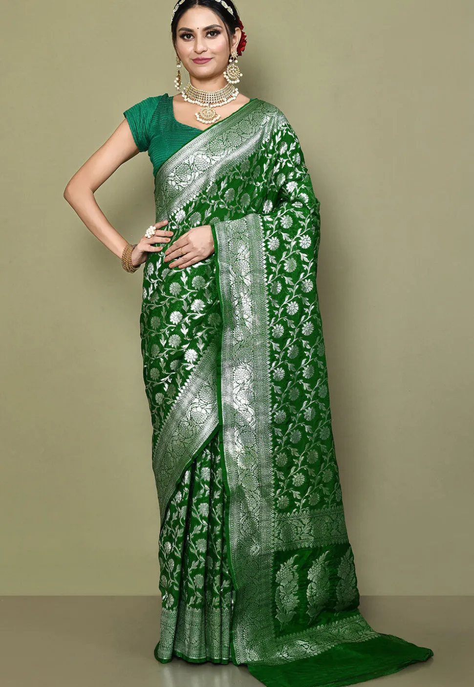 Banarasi Saree in Olive Green