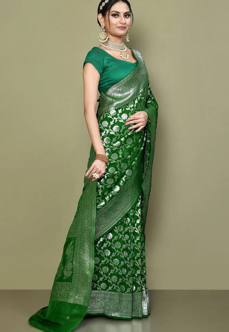 Banarasi Saree in Olive Green