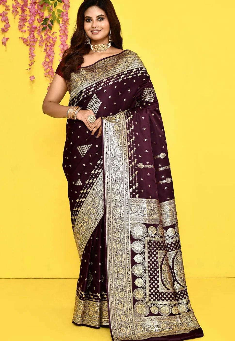 Banarasi Satin Silk Saree in Wine