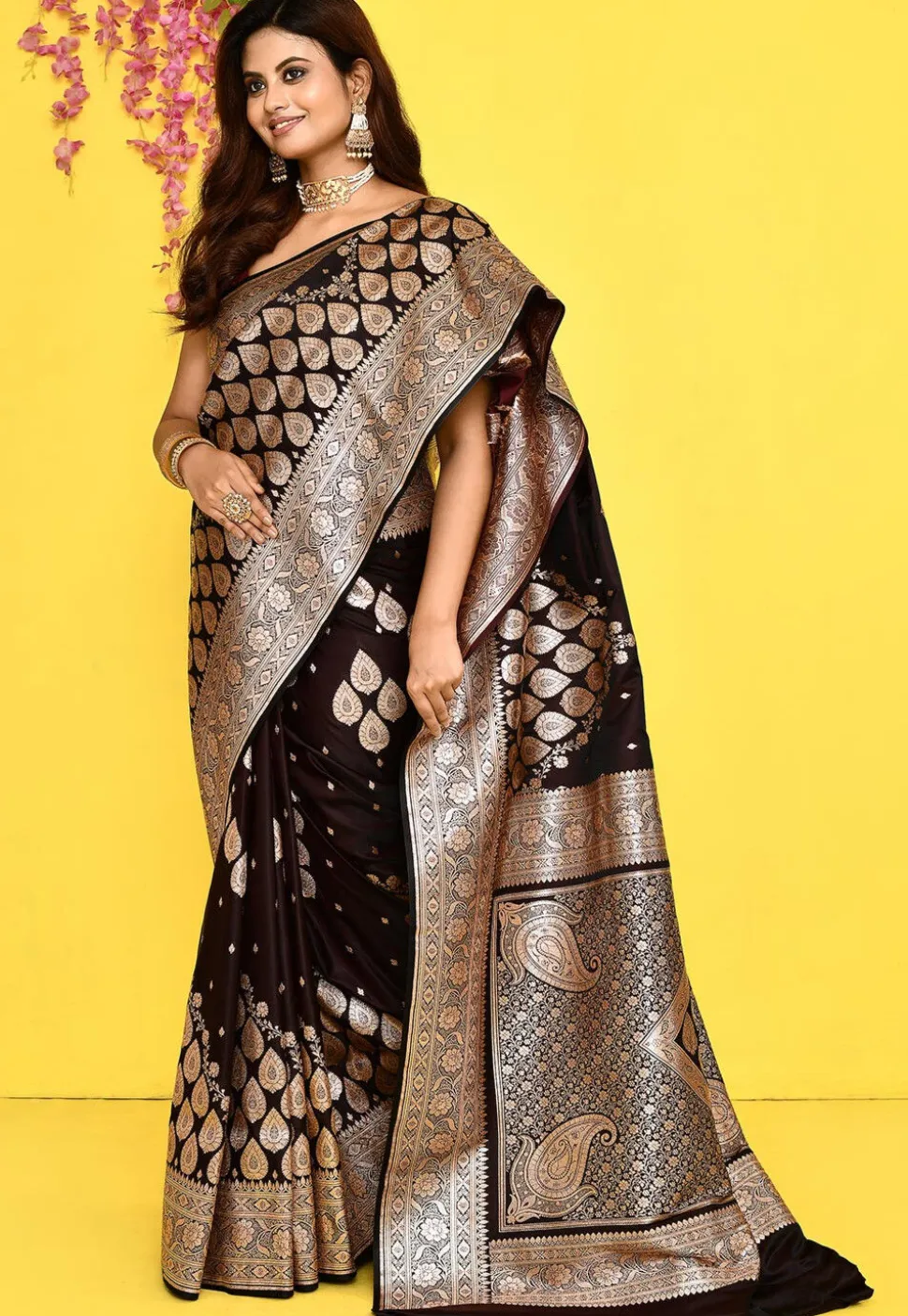 Banarasi Satin Silk Saree in Dark Brown