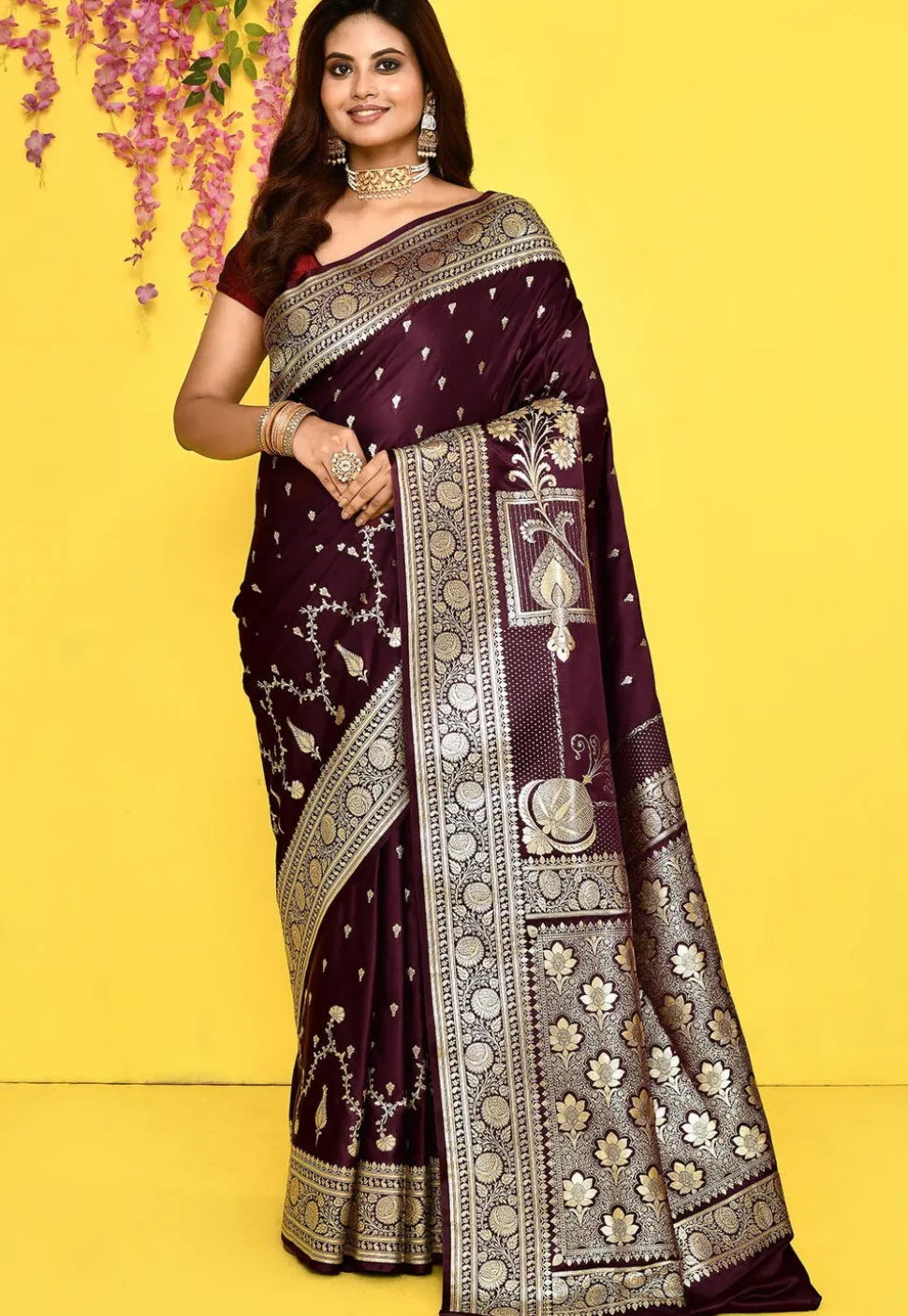 Banarasi Satin Silk Saree in Wine