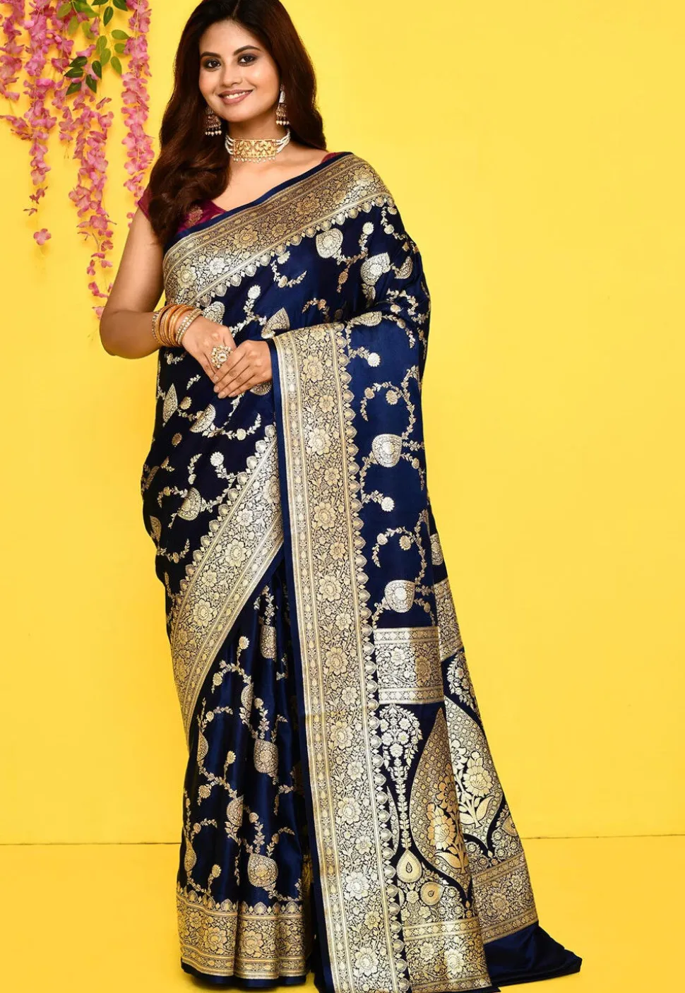 Banarasi Satin Silk Saree in Navy Blue