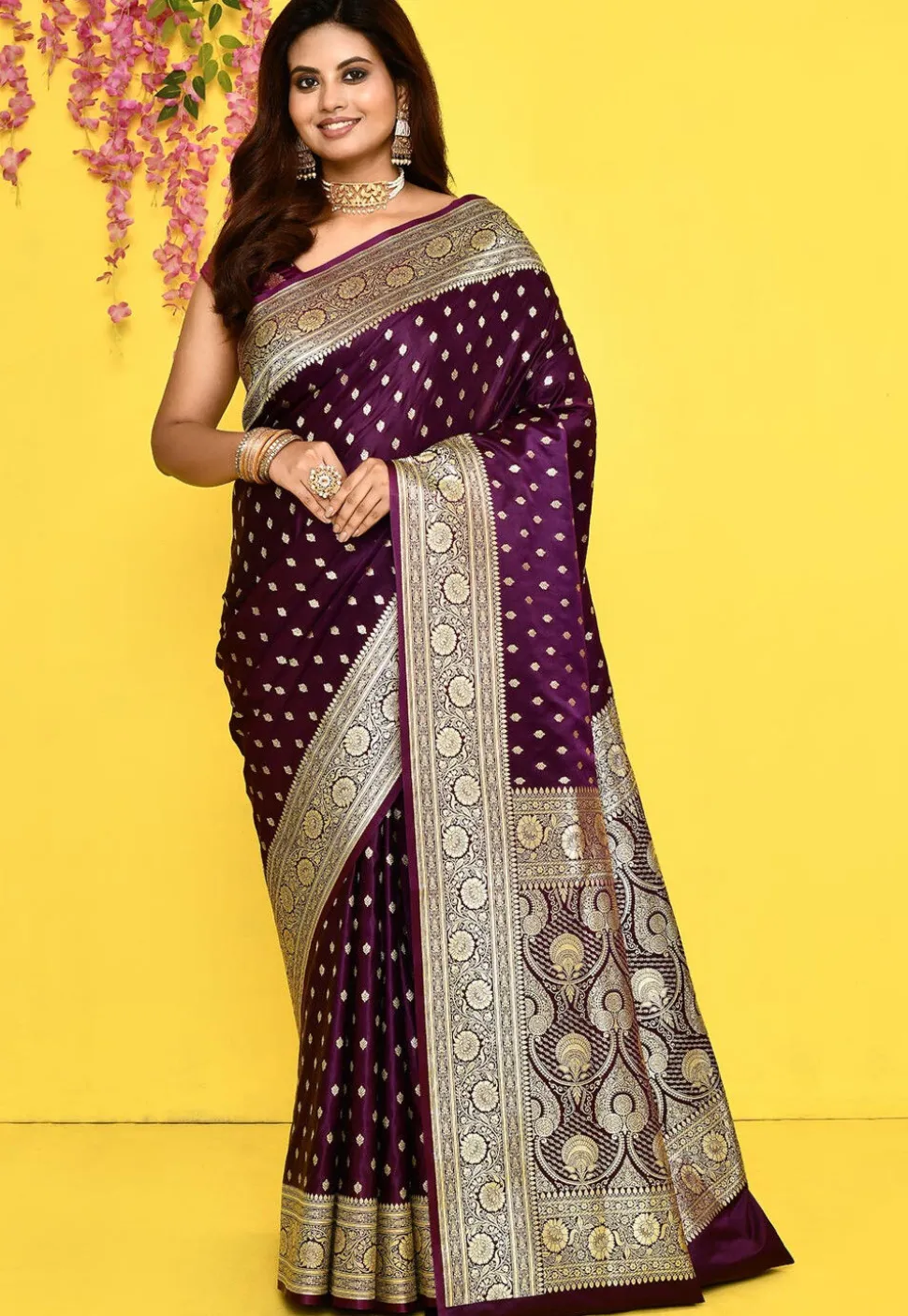 Banarasi Satin Silk Saree in Dark Purple