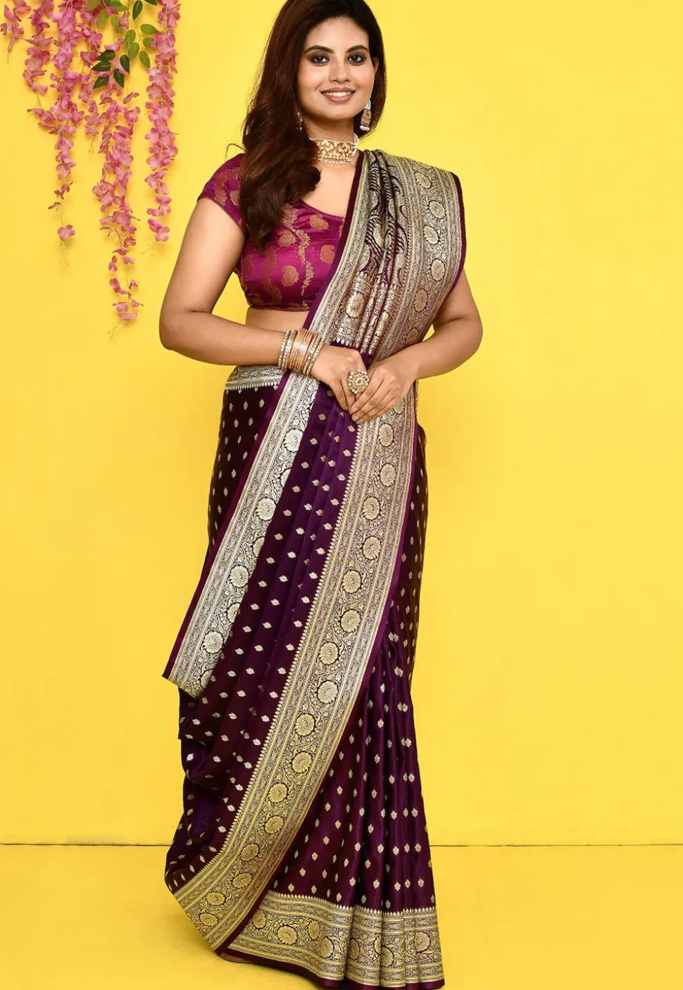 Banarasi Satin Silk Saree in Dark Purple