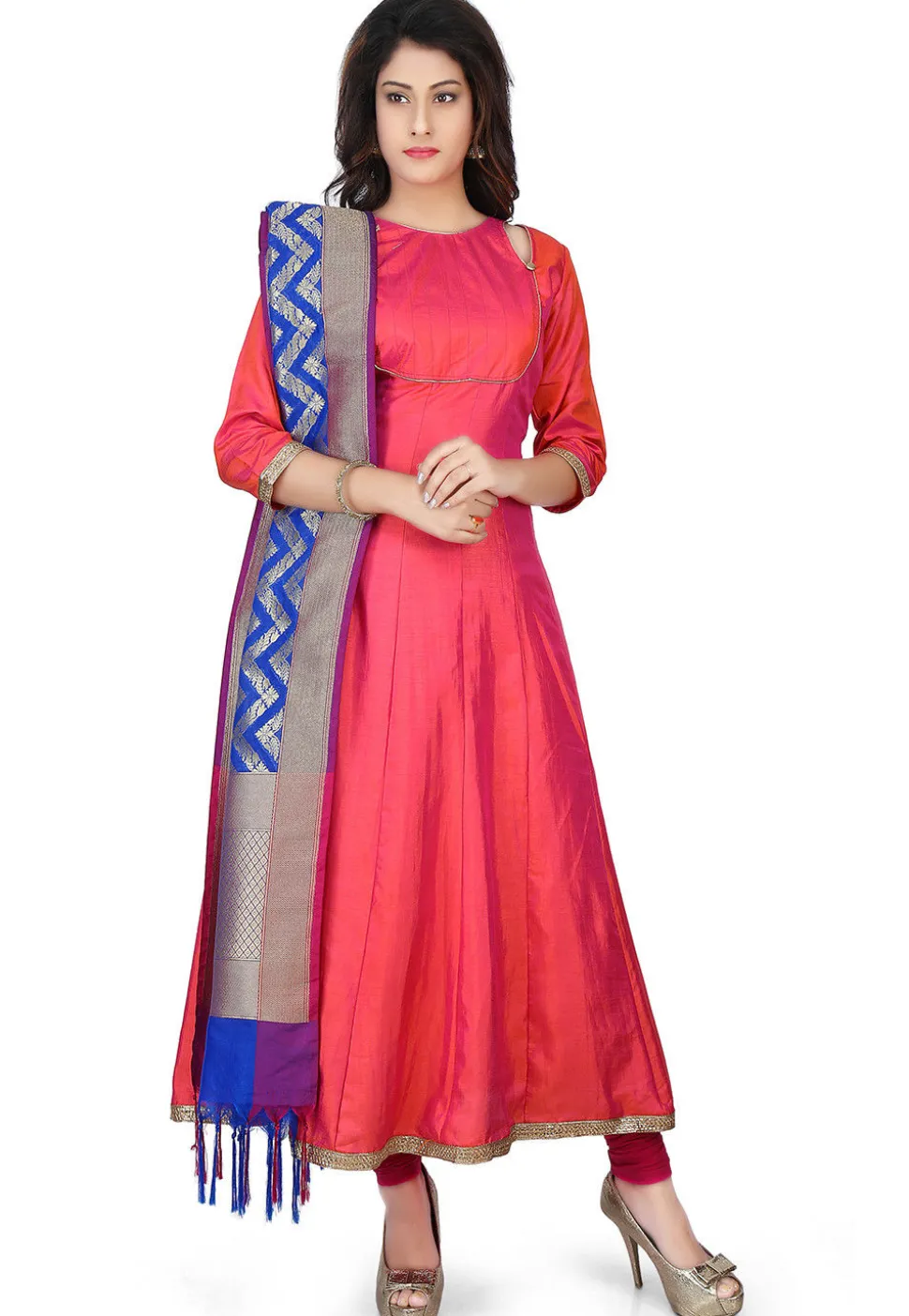 Banarasi Silk Anarkali Suit in Coral