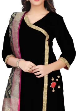 Banarasi Silk Angrakha Style Suit with Pure Silk Dupatta in Black