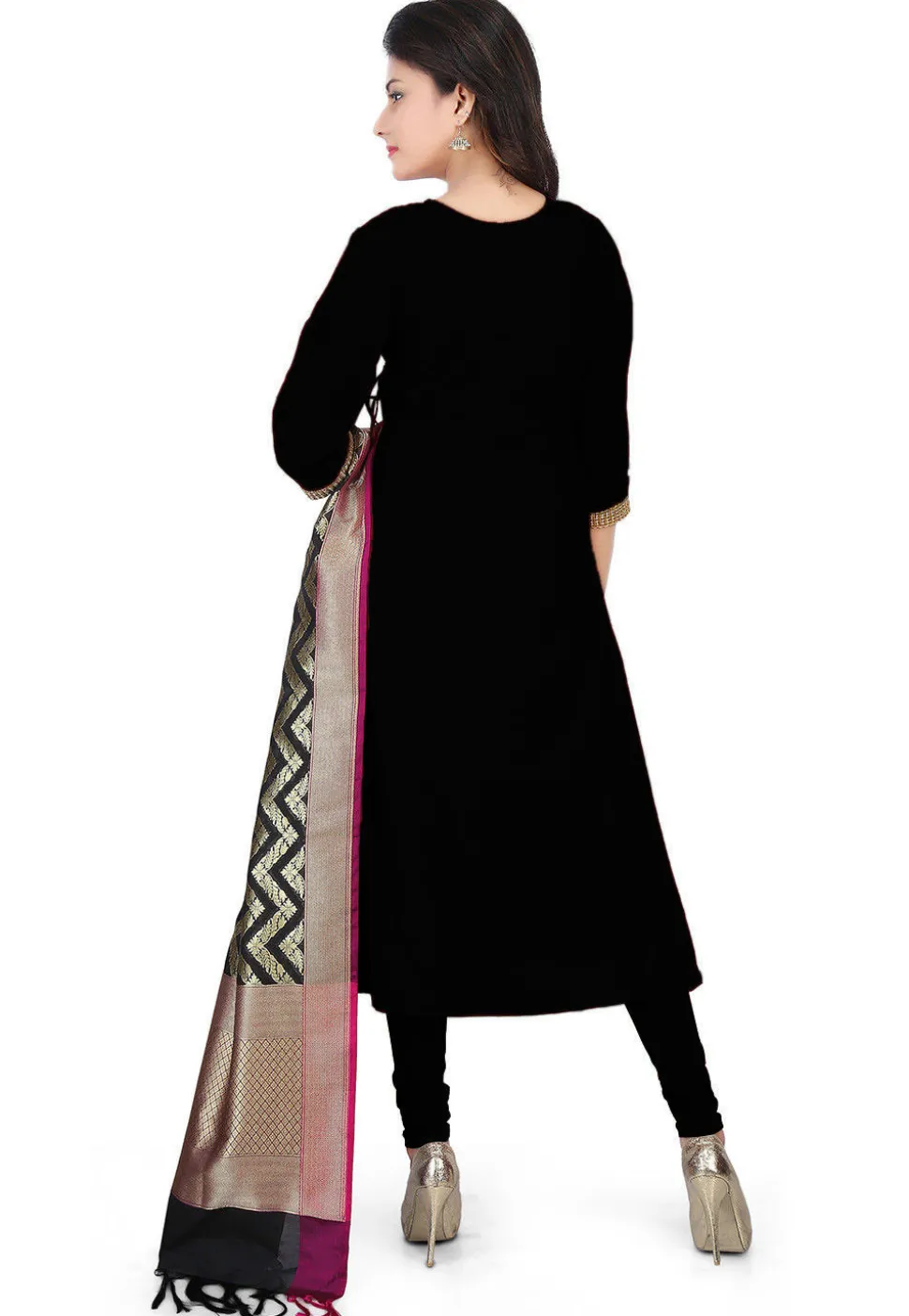 Banarasi Silk Angrakha Style Suit with Pure Silk Dupatta in Black