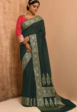 Banarasi Silk Saree in Dark Green