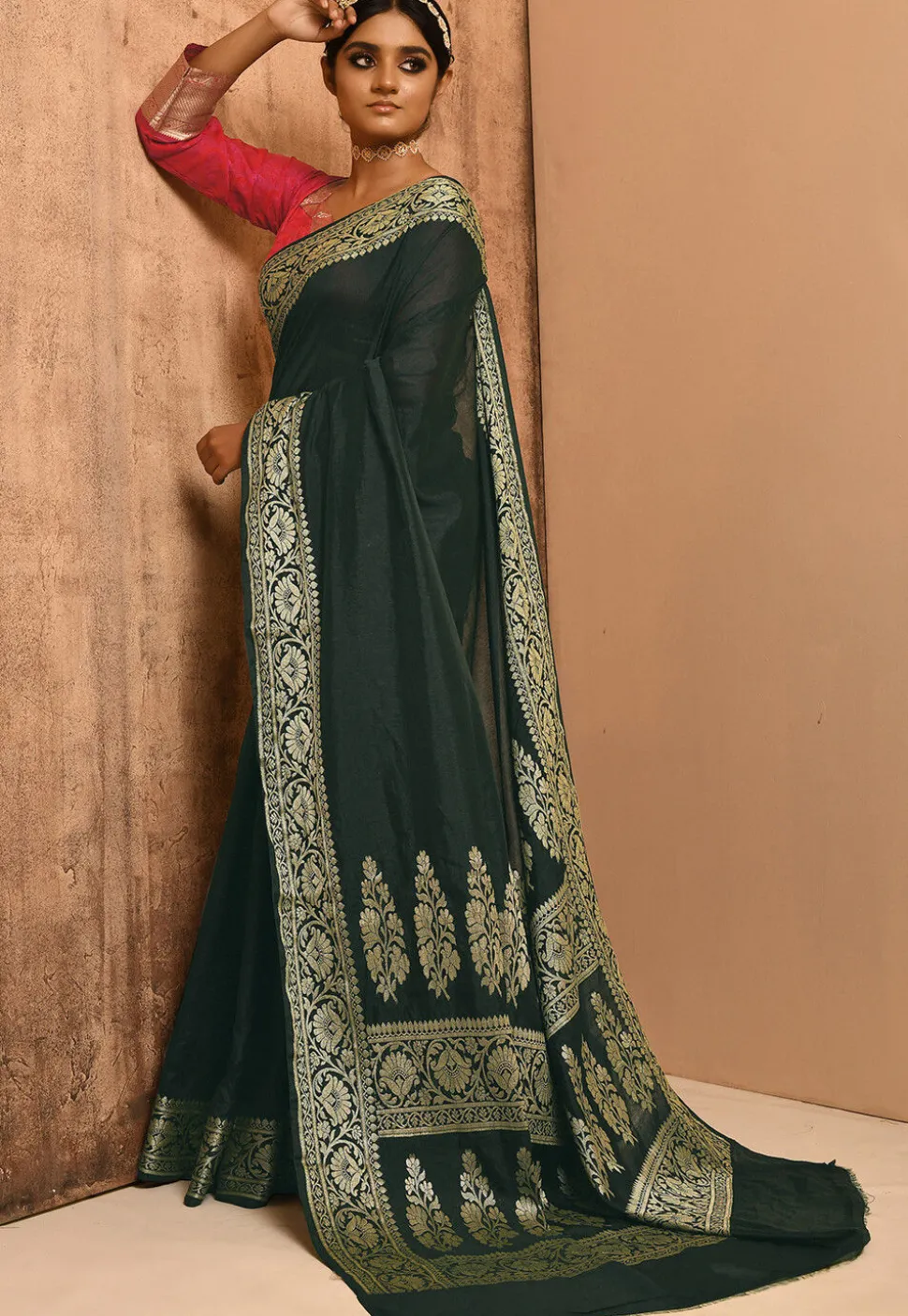 Banarasi Silk Saree in Dark Green
