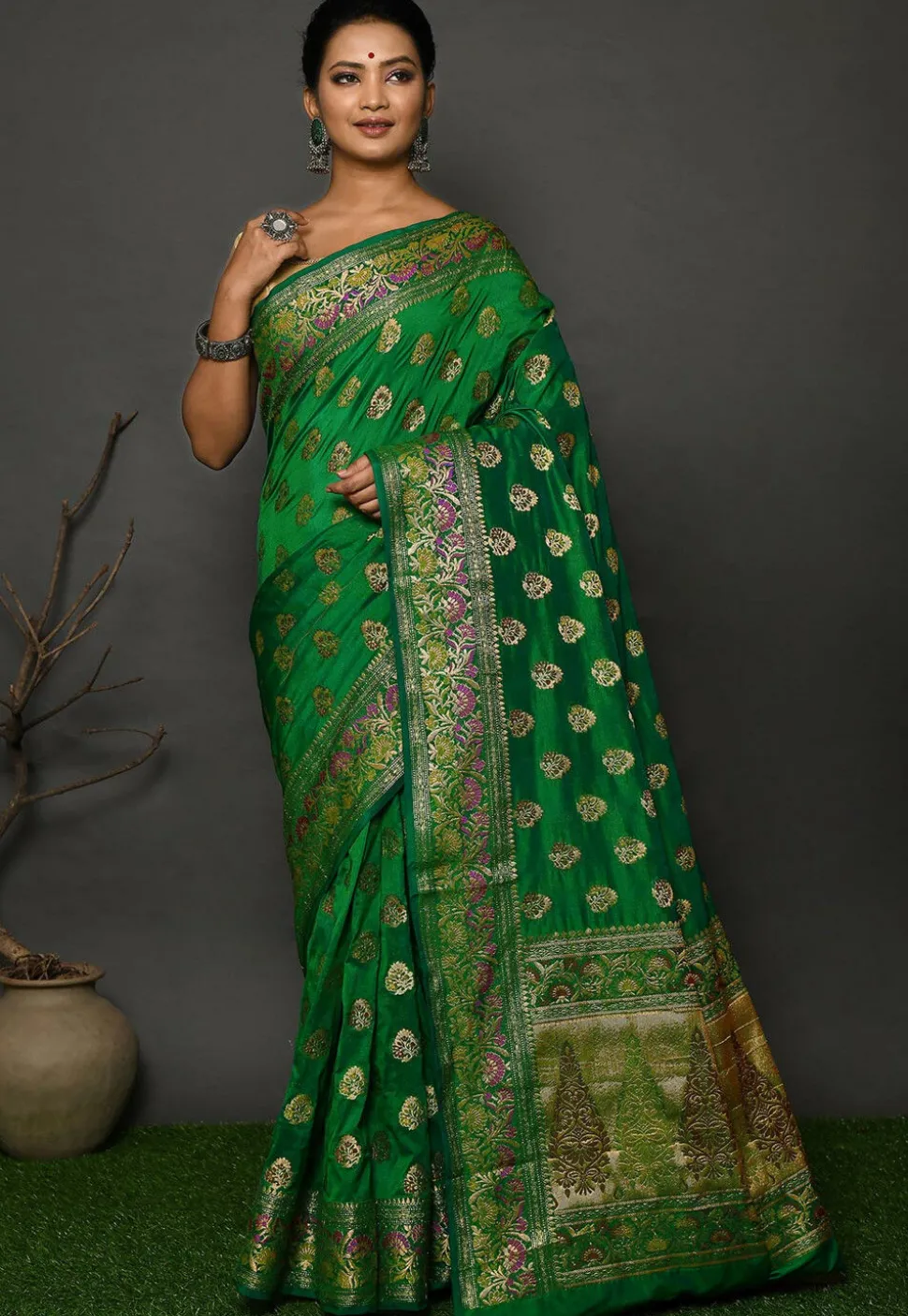 Banarasi Silk Saree in Olive Green
