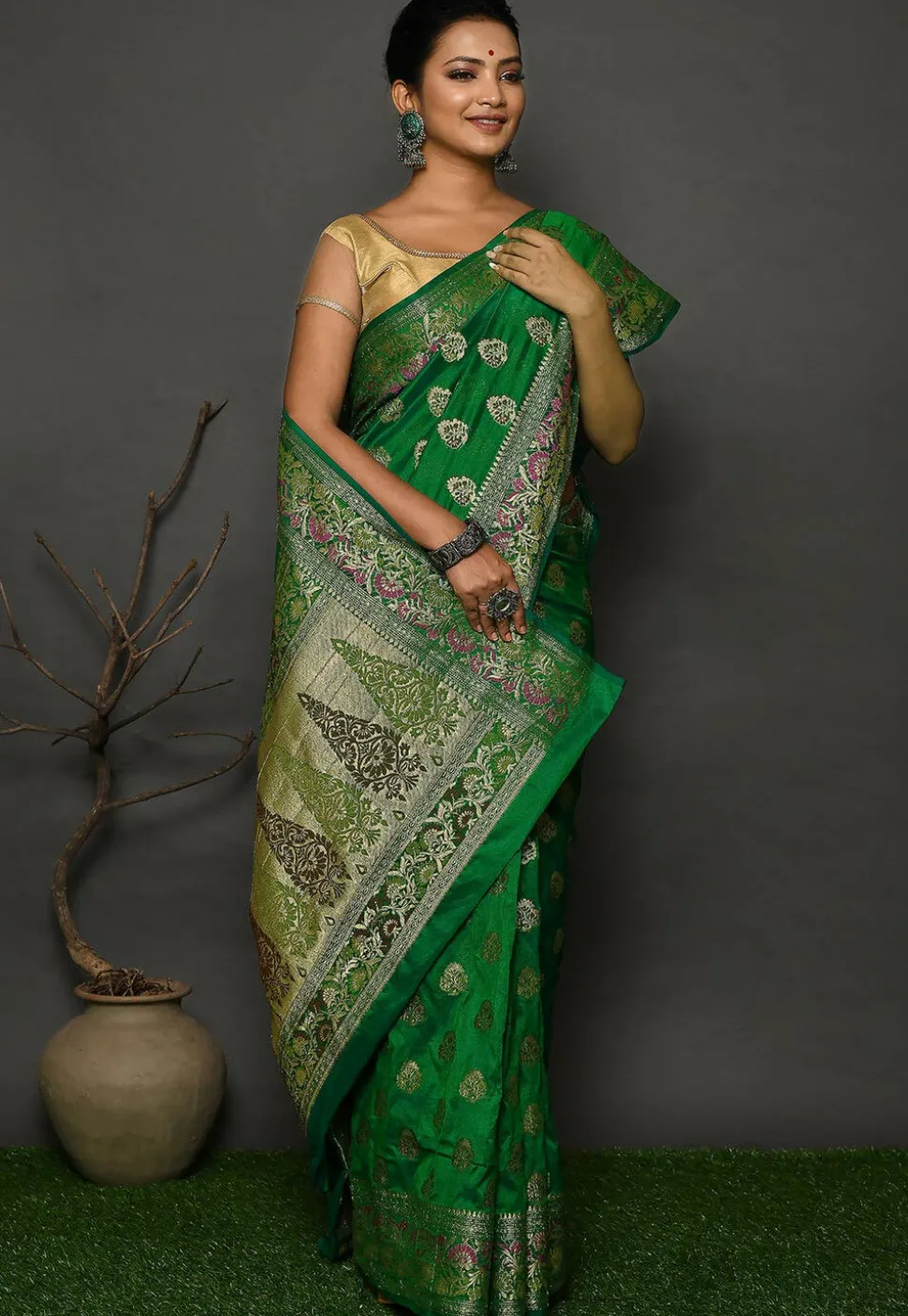 Banarasi Silk Saree in Olive Green