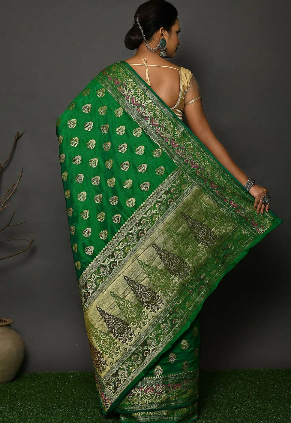 Banarasi Silk Saree in Olive Green