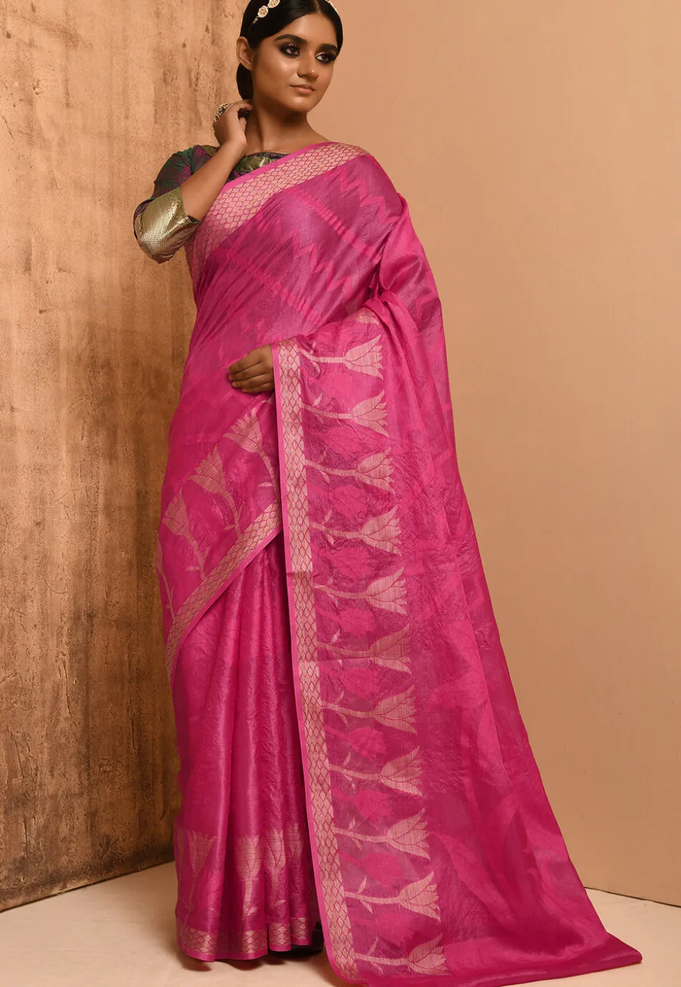 Banarasi Tussar Silk Saree in Fuchsia