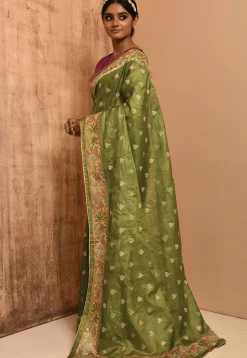 Banarasi Tussar Silk Saree in Olive Green