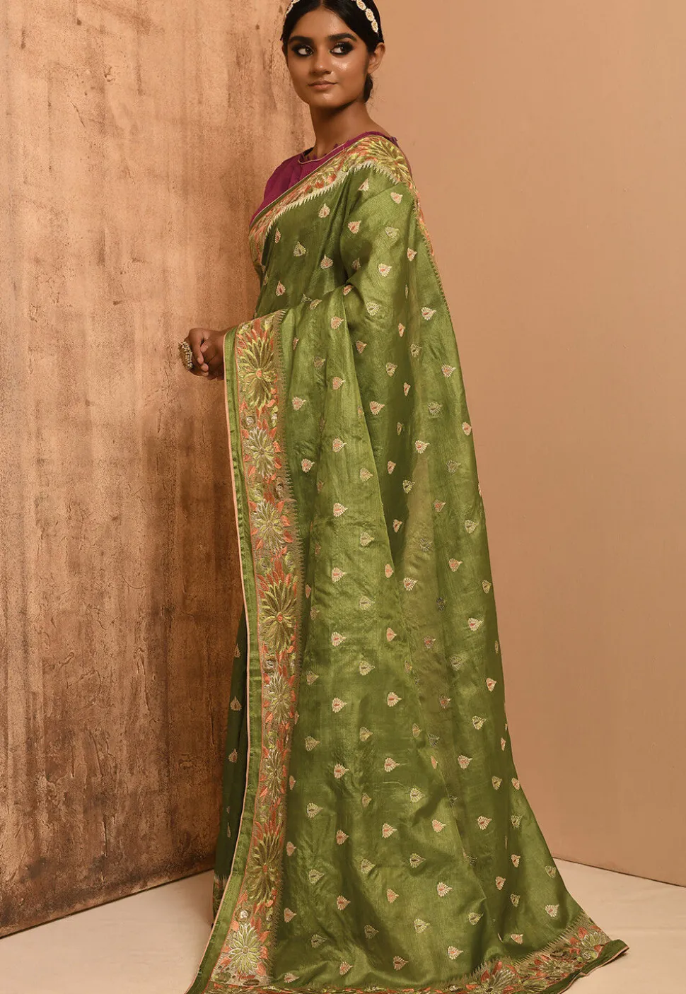 Banarasi Tussar Silk Saree in Olive Green