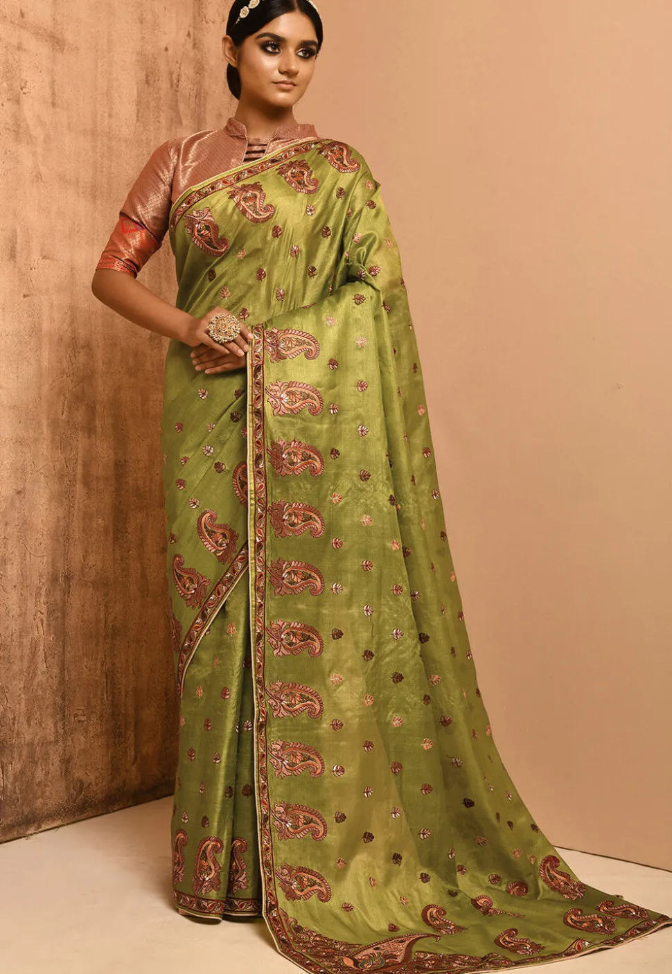 Banarasi Tussar Silk Saree in Olive Green