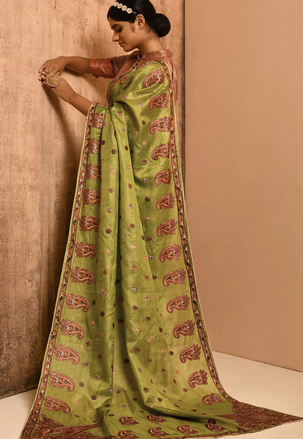 Banarasi Tussar Silk Saree in Olive Green