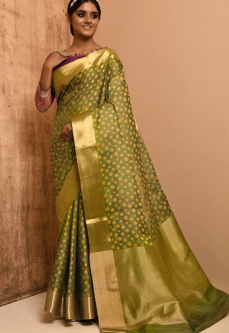 Banarasi Tussar Silk Saree in Olive Green