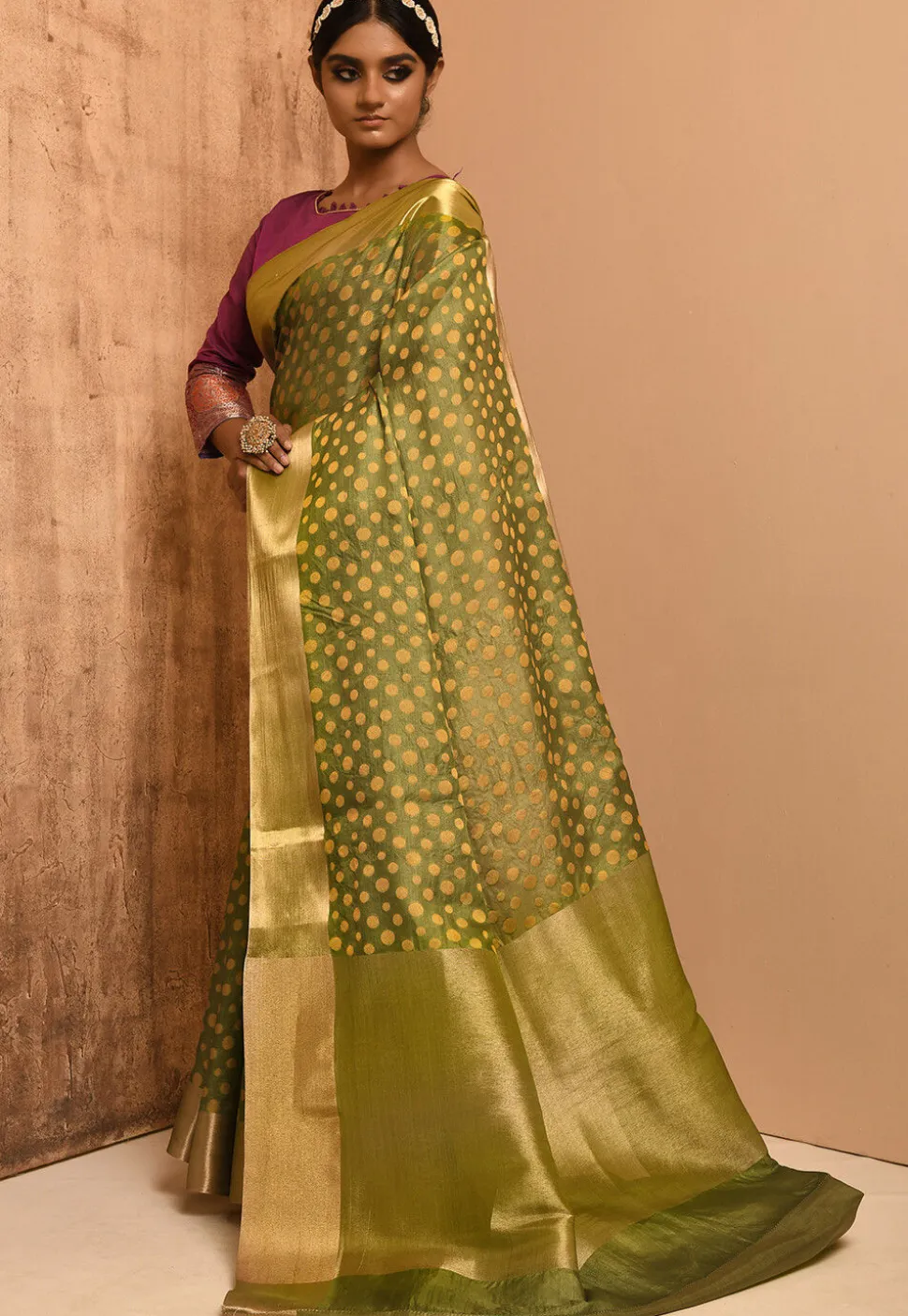 Banarasi Tussar Silk Saree in Olive Green