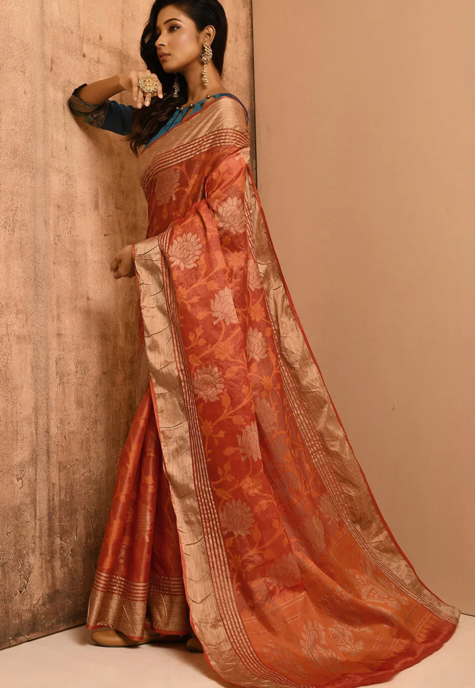Banarasi Tussar Silk Saree in Orange
