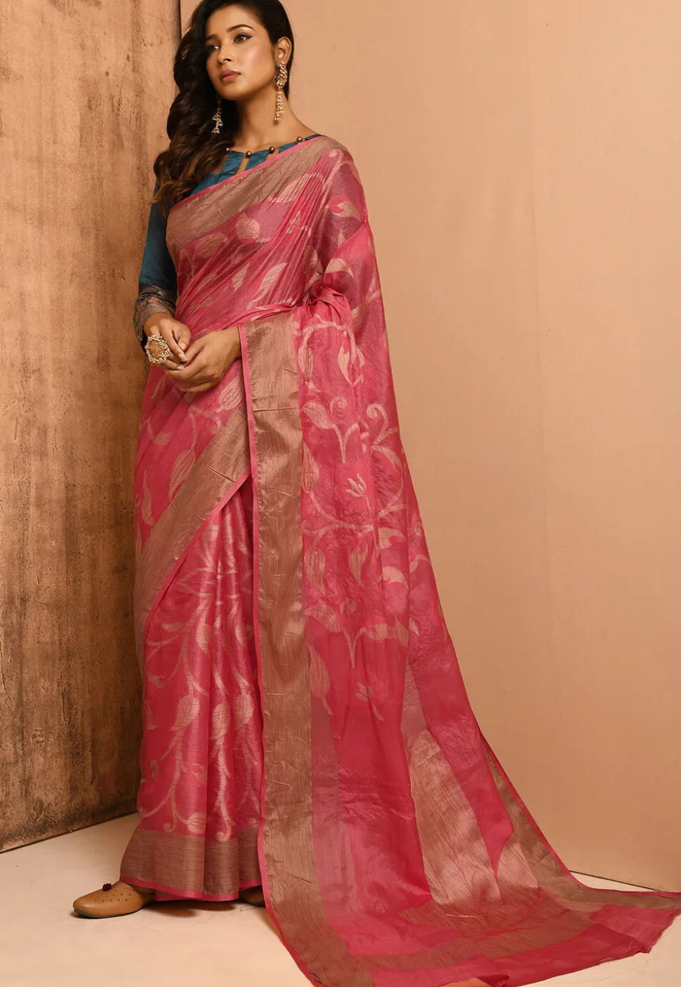Banarasi Tussar Silk Saree in Coral Pink