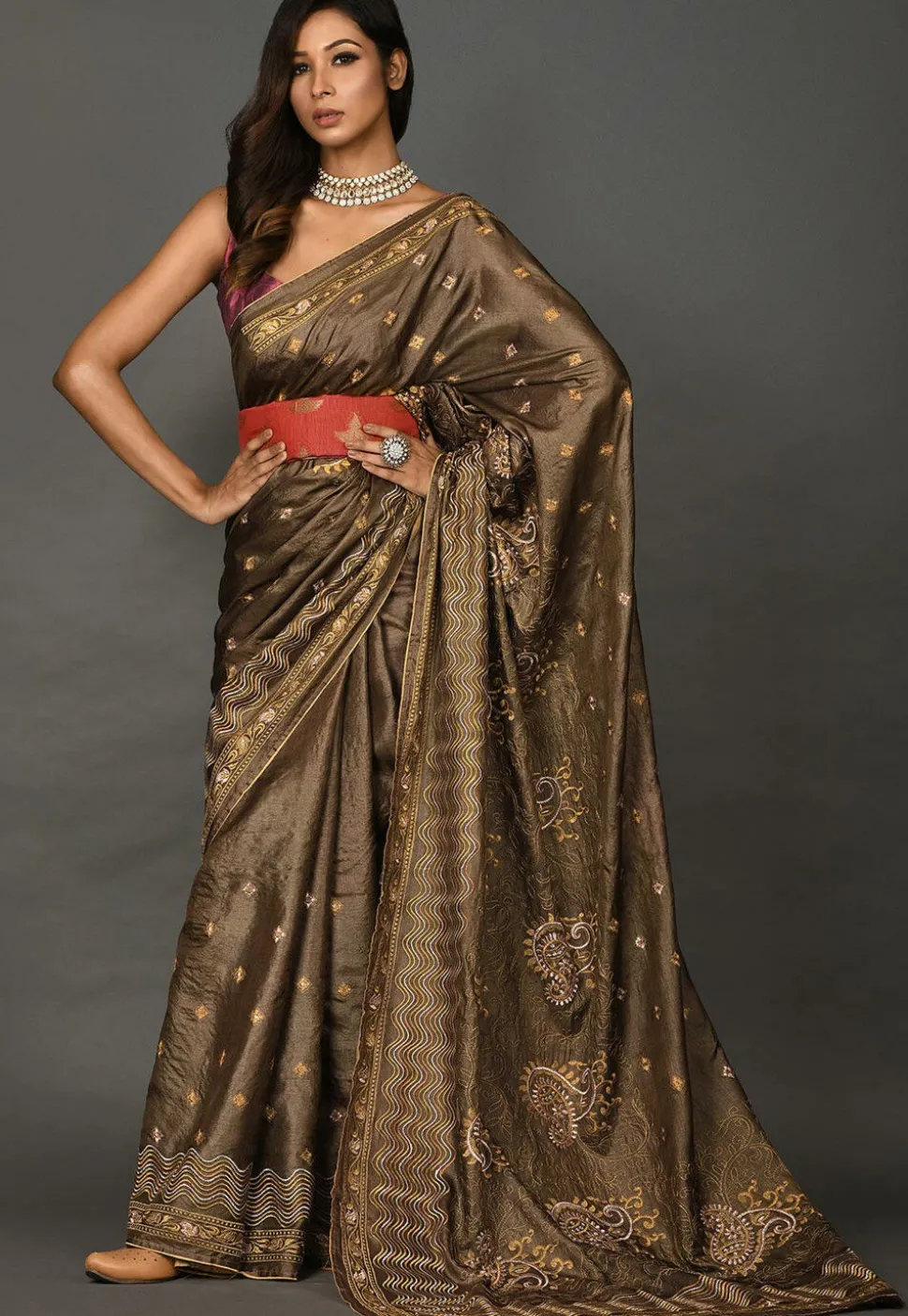 Banarasi Tussar Silk Saree in Dark Brown