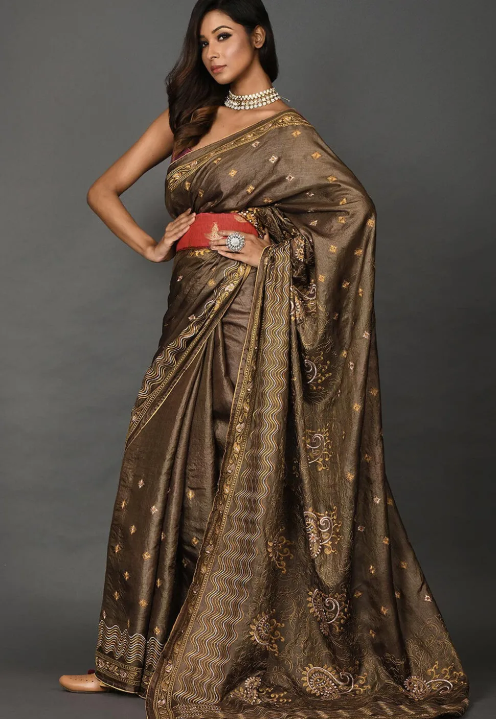 Banarasi Tussar Silk Saree in Dark Brown