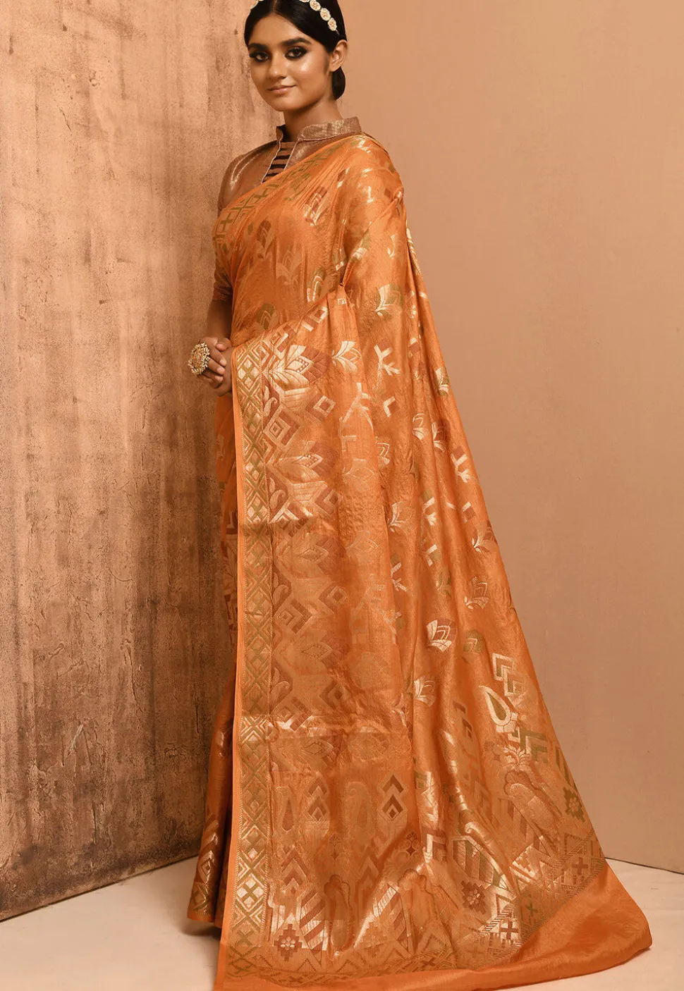 Banarasi Tussar Silk Saree in Orange