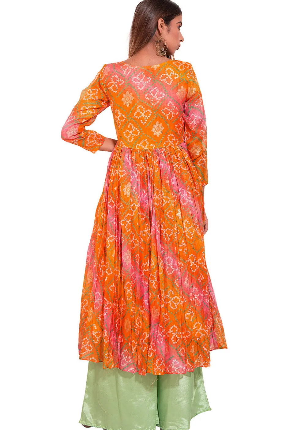 Bandhej Art Kota Silk Pleated Kurta in Orange and Pink