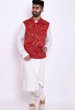 Bandhej Art Silk Asymmetric Kurta Jacket Set in White and Red