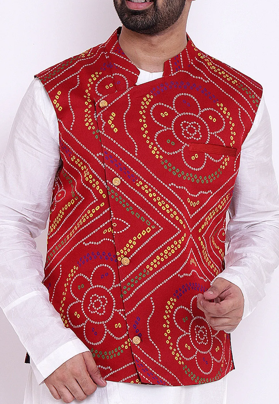 Bandhej Art Silk Asymmetric Kurta Jacket Set in White and Red