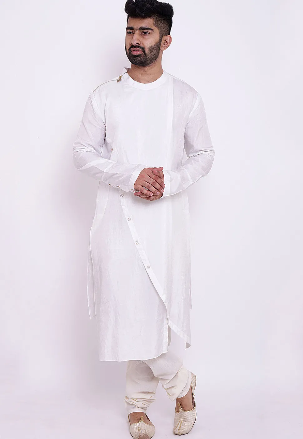 Bandhej Art Silk Asymmetric Kurta Jacket Set in White and Red