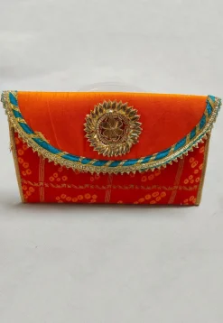 Bandhej Art Silk Envelope Clutch Bag in Orange