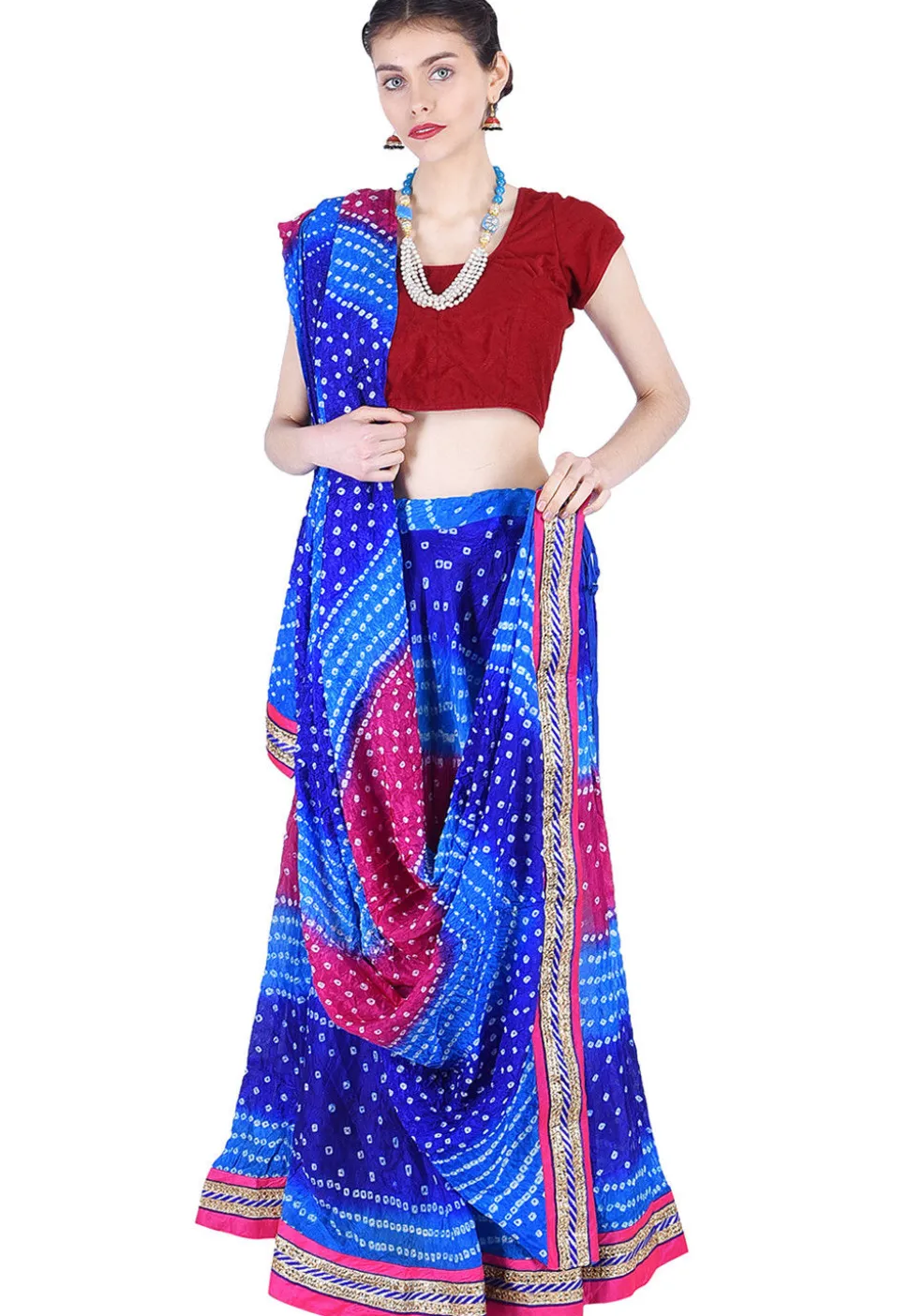 Bandhej Art Silk Lehenga in Blue and Pink