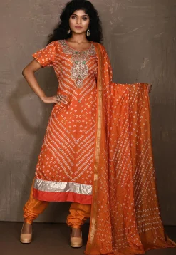 Bandhej Art Silk Straight Suit in Orange