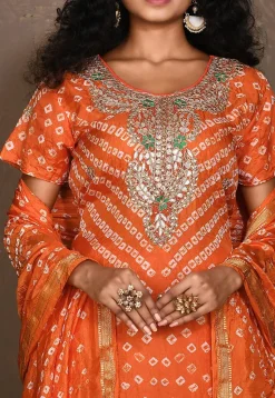 Bandhej Art Silk Straight Suit in Orange