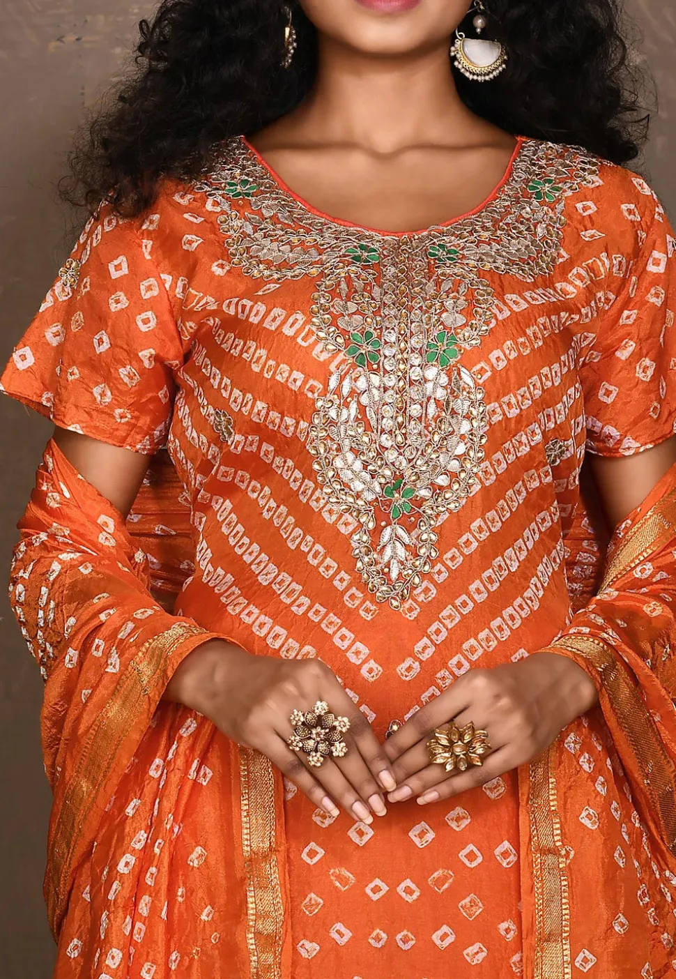 Bandhej Art Silk Straight Suit in Orange